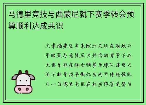 马德里竞技与西蒙尼就下赛季转会预算顺利达成共识