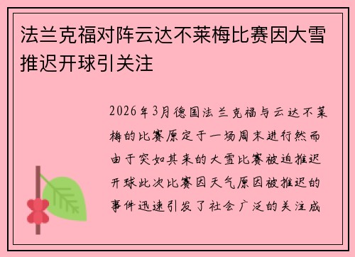 法兰克福对阵云达不莱梅比赛因大雪推迟开球引关注 法兰克福对阵云达不莱梅比赛因大雪推迟开球引关注